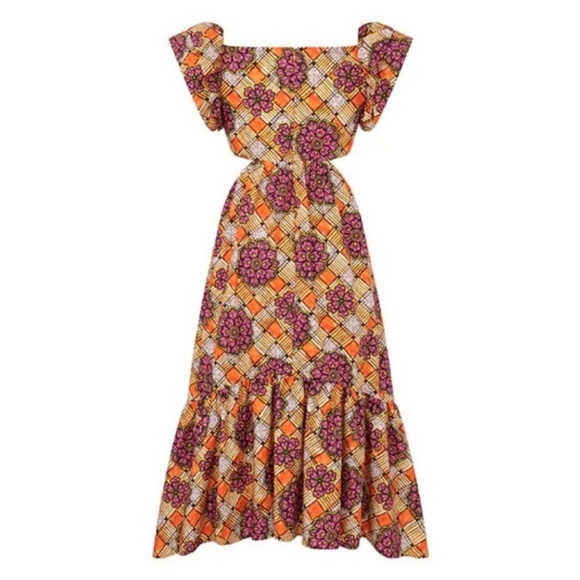 Autumn Adeigbo Chioma Floral Cutout Midi Dress Purple Orange Tiered Ruffle Dress - Picture 4 of 14